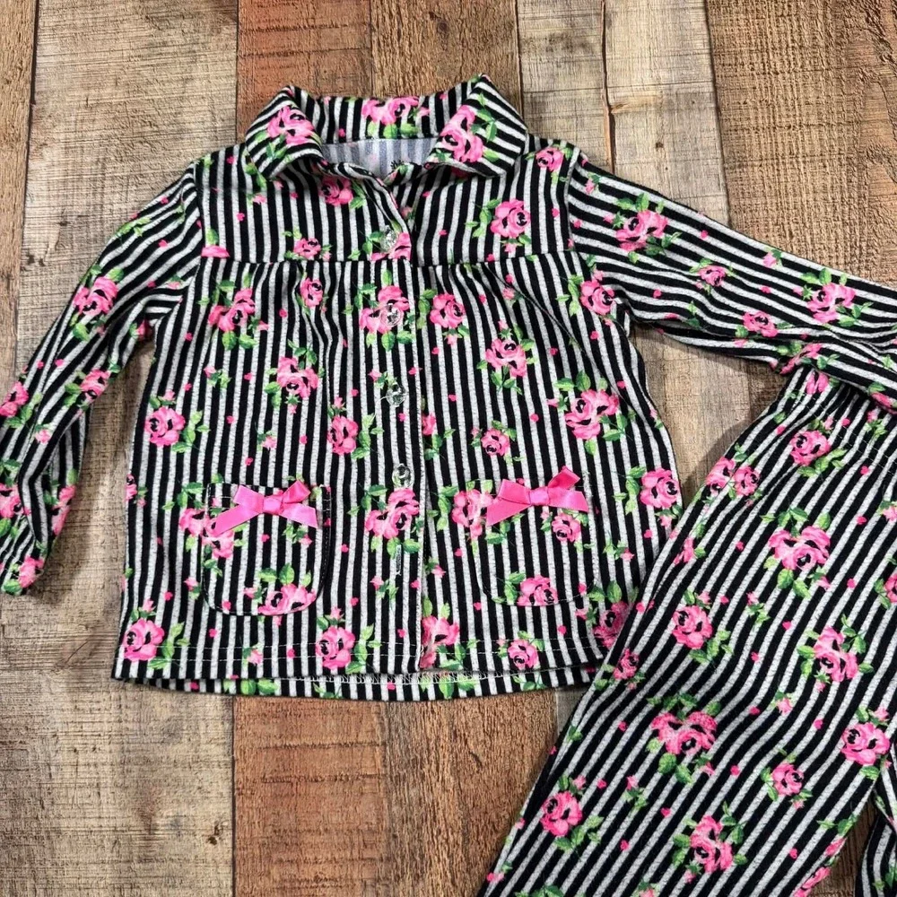 Betsey Johnson 18M Floral Striped Pajama Set Pink Black White Rose Girls